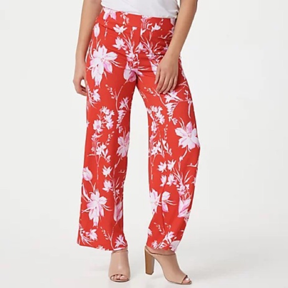 Isaac Mizrahi Live! Regular Pebble Knit Wide-Leg Pants, Red Floral, Large